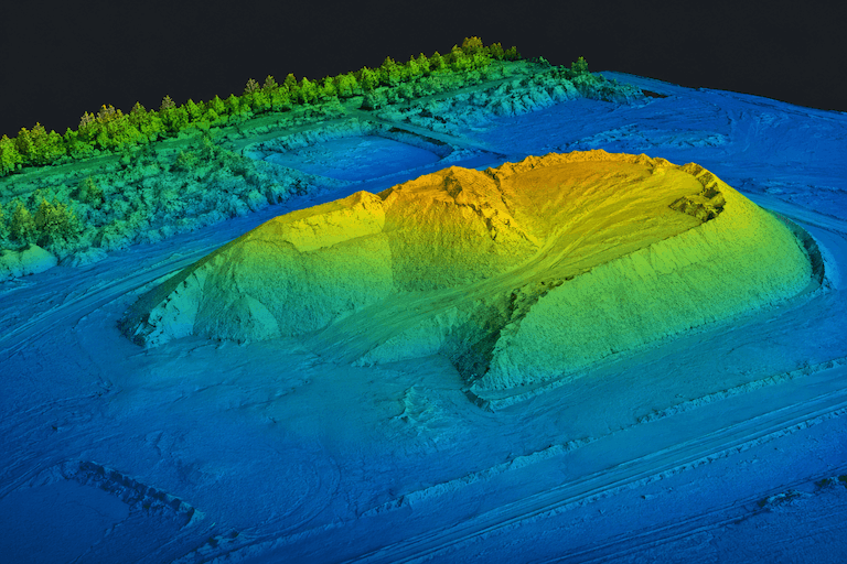 Model fotogrametryczny 3D terenu z mapą wysokości DEM - gradient kolorów od niebieskiego do żółtego